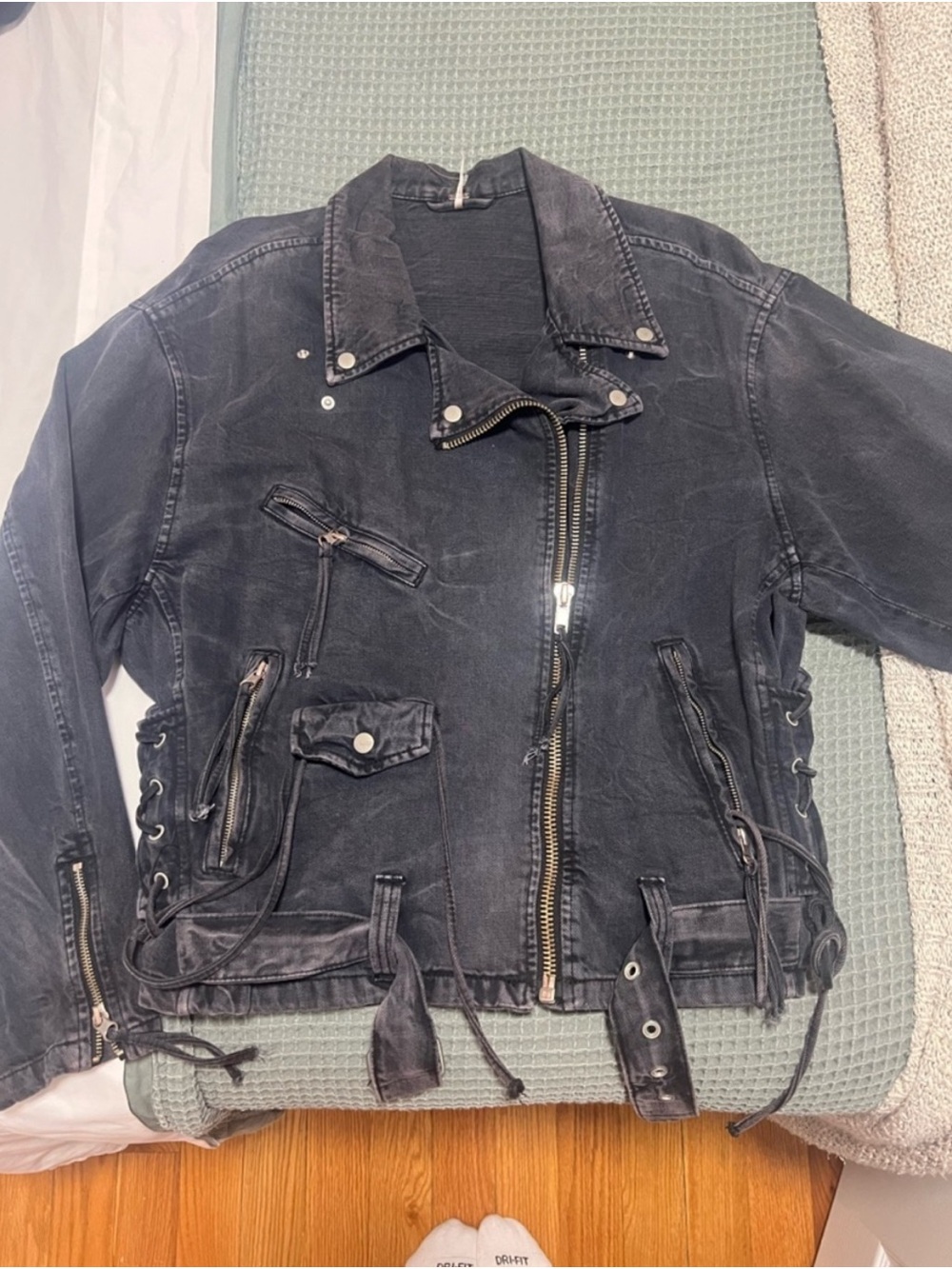 Free People Black Washed Denim Moto Jacket - Picture 2 of 4